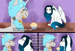 Size: 2400x1629 | Tagged: safe, artist:silentwolf-oficial, derpibooru import, oc, unofficial characters only, pegasus, pony, unicorn, birthday cake, cake, comic, cupcake, food, horn, image, pegasus oc, png, sitting, spanish, unicorn oc, wings