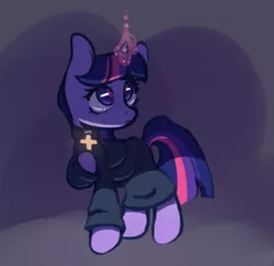 Size: 720x700 | Tagged: safe, artist:occultusion, derpibooru import, twilight sparkle, pony, unicorn, airdorf games, christianity, clothes, cross, crossover, crucifix, faith, faith: the unholy trinity, female, glowing horn, hoof hold, horn, horror, image, indie game, magic, mare, multicolored mane, multicolored tail, new blood interactive, png, priest, purple eyes, purple fur, raised hoof, shirt, solo, tomboy, unicorn twilight, video game crossover