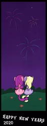 Size: 1920x5141 | Tagged: safe, artist:dinkyuniverse, derpibooru import, dinky hooves, lily longsocks, earth pony, pony, unicorn, comic, duo, duo female, female, filly, fireworks, flower, grass, happy new year, happy new year 2020, holiday, image, night, png, rear view, sitting, watching