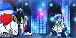 Size: 5462x2767 | Tagged: safe, artist:elioo, derpibooru import, vinyl scratch, equestria girls, autobot, clash of hasbro's titans, crossover, disk jockey, duo, equestria bots, female, glasses, headphones, image, jazz, jpeg, looking at each other, male, smiling, species swap, transformerfied, transformers, turntable, visor