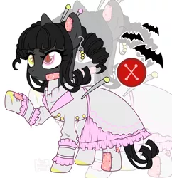 Size: 2815x2908 | Tagged: safe, artist:elberas, derpibooru import, oc, oc:plush patch, unofficial characters only, doll pony, earth pony, original species, pony, clothes, doll, dress, ear piercing, earring, female, heterochromia, image, jewelry, mare, markings, needle, paperclip, patch, piercing, pin, png, raised hoof, simple background, socks, solo, stockings, thigh highs, toy, white background, zoom layer