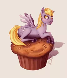 Size: 2550x3000 | Tagged: safe, artist:honeybuzz, artist:lilith-luxe, derpibooru import, derpy hooves, pegasus, pony, colored pupils, food, giant muffin, image, lying down, muffin, png, prone, simple background, solo, tongue out