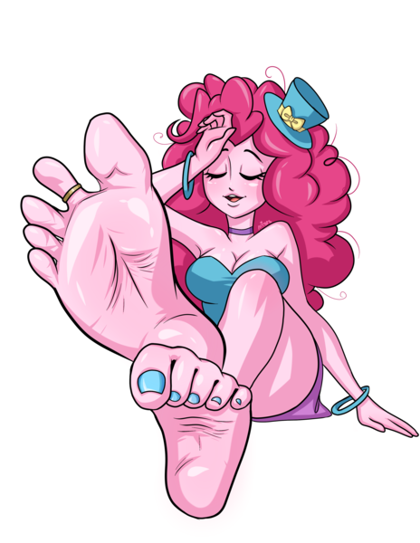 Size: 2826x3654 | Tagged: suggestive, artist:ameliacostanza, derpibooru import, pinkie pie, equestria girls, blushing, breasts, busty pinkie pie, cleavage, eyes closed, fall formal outfits, feet, fetish, foot fetish, image, messy hair, neckband, open mouth, png, simple background, soles, solo, stray strand, sweat, toe ring, transparent background