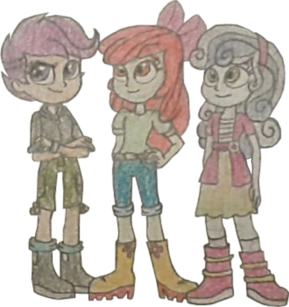 Size: 1300x1379 | Tagged: safe, artist:jebens1, artist:therandomone95, derpibooru import, apple bloom, scootaloo, sweetie belle, equestria girls, apple bloom's bow, belt, boots, bow, clothes, cropped, crossed arms, cutie mark crusaders, hair bow, hand on hip, hoodie, image, jeans, looking up, pants, png, shirt, shoes, shorts, simple background, skirt, smiling, transparent background