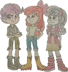 Size: 1300x1379 | Tagged: safe, artist:jebens1, artist:therandomone95, derpibooru import, apple bloom, scootaloo, sweetie belle, equestria girls, apple bloom's bow, belt, boots, bow, clothes, cropped, crossed arms, cutie mark crusaders, hair bow, hand on hip, hoodie, image, jeans, looking up, pants, png, shirt, shoes, shorts, simple background, skirt, smiling, transparent background