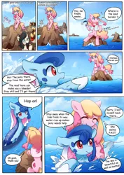 Size: 2480x3508 | Tagged: safe, artist:brony_festival, derpibooru import, oc, oc:electronia, oc:lyre wave, earth pony, pony, sea pony, comic:electrowave, china, duo, duo female, female, hug, image, jpeg, mascot, open mouth, qingdao, qingdao brony festival