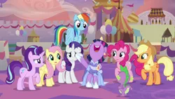 Size: 1920x1080 | Tagged: safe, derpibooru import, screencap, applejack, fluttershy, pinkie pie, rainbow dash, rarity, spike, starlight glimmer, twilight sparkle, twilight sparkle (alicorn), alicorn, dragon, pegasus, pony, unicorn, the last problem, clothes, coronation dress, crown, dress, image, jewelry, male, mane eight, mane seven, mane six, messy mane, nose in the air, open mouth, png, regalia, second coronation dress, winged spike