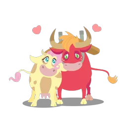 Size: 2000x2000 | Tagged: safe, anonymous artist, derpibooru import, big macintosh, fluttershy, bull, cow, series:fm holidays, chinese new year, cowified, female, floating heart, fluttercow, fluttermac, heart, horns, image, lineless, male, no pupils, nuzzling, ox, png, shipping, simple background, species swap, straight, transparent background, udder, year of the ox, yoke