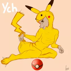 Size: 1920x1920 | Tagged: suggestive, artist:stirren, derpibooru import, oc, unofficial characters only, anthro, pikachu, clothes, commission, cosplay, costume, explicit source, image, jpeg, kigurumi, pokéball, pokémon, pokémon go, sexy, solo, suit, your character here
