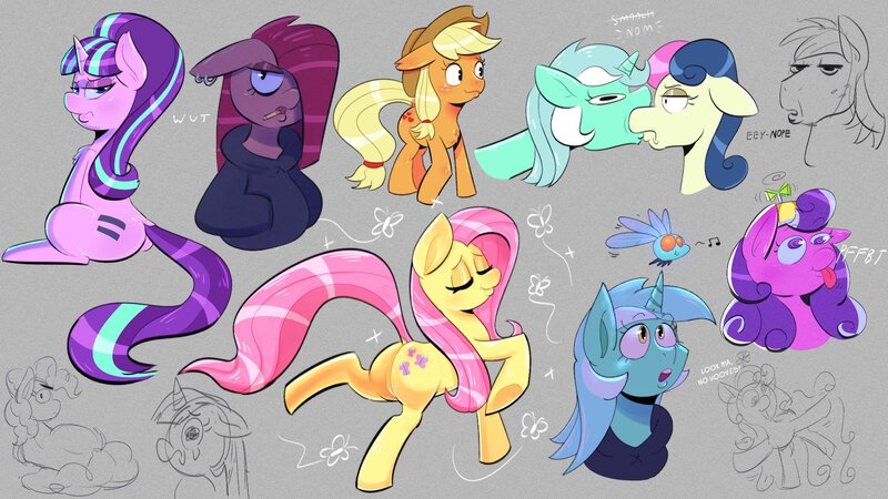 Size: 1920x1080 | Tagged: safe, artist:another_pony, derpibooru import, applejack, big macintosh, bon bon, fluttershy, lyra heartstrings, pinkie pie, screwball, starlight glimmer, sweetie drops, twilight sparkle, earth pony, parasprite, pegasus, pony, unicorn, fanfic:background pony, art dump, big macintosh is not amused, bon bon is not amused, butt, chest fluff, cigarette, clothes, derp, equal cutie mark, floppy ears, gray background, hoodie, image, jpeg, looking at you, nom, nope, piercing, pinkamena diane pie, plot, s5 starlight, simple background, smoking, starlight is not amused, tongue out, unamused, unicorn twilight