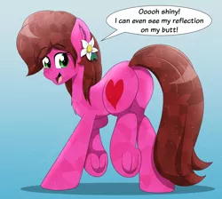 Size: 4100x3680 | Tagged: safe, artist:aarondrawsarts, derpibooru import, oc, oc:rose bloom, crystal pony, earth pony, butt, commission, dialogue, earth pony oc, female, image, looking back, png, rosie butt, underhoof