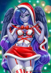 Size: 1000x1438 | Tagged: suggestive, artist:racoonsan, color edit, derpibooru import, edit, editor:drakeyc, princess luna, human, absolute cleavage, belly button, big breasts, breasts, busty princess luna, choker, christmas, christmas stocking, cleavage, clothes, colored, equestria girls edit, female, gift wrapped, holiday, hoodie, horn, horned humanization, humanized, image, looking at you, png, skin color edit, skirt, socks, solo, solo female, stockings, thigh highs, winged humanization, wings