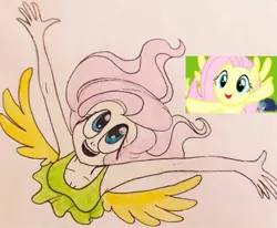 Size: 540x444 | Tagged: safe, artist:lunaart, derpibooru import, screencap, fluttershy, human, pegasus, filli vanilli, breasts, cute, flying, humanized, image, jpeg, scene interpretation, traditional art, winged humanization, wings