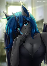 Size: 1500x2100 | Tagged: suggestive, artist:serodart, derpibooru import, oc, oc:nightfall, unofficial characters only, alicorn, anthro, absolute cleavage, bat wings, breasts, cleavage, clothes, commission, ear fluff, fangs, female, heterochromia, horn, image, looking at you, png, smiling, solo, solo female, wings