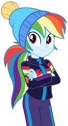 Size: 1494x2769 | Tagged: safe, artist:sketchmcreations, derpibooru import, rainbow dash, equestria girls, equestria girls series, holidays unwrapped, spoiler:eqg series (season 2), alternate hairstyle, blizzard or bust, clothes, crossed arms, female, hat, image, jacket, looking at you, png, ponytail, simple background, smiling, toque, transparent background, vector, winter outfit