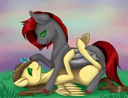 Size: 604x465 | Tagged: artist needed, safe, derpibooru import, oc, unofficial characters only, bat pony, pegasus, pony, bat pony oc, bat wings, colored hooves, duo, female, flower, flower in hair, grass, image, jpeg, lying down, mare, on back, outdoors, pegasus oc, raised hoof, smiling, wings