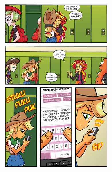 Size: 1024x1575 | Tagged: safe, artist:tonyfleecs, derpibooru import, edit, editor:razh, idw, applejack, golden hazel, sophisticata, sunset shimmer, watermelody, equestria girls, spoiler:comic, spoiler:comicholiday2014, backpack, canterlot high, image, inside, jpeg, lockers, mobile phone, phone, polish, smartphone, translation, translator:lyokoheros