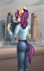 Size: 2000x3200 | Tagged: safe, artist:catd-nsfw, derpibooru import, oc, oc:kaira kitch, anthro, ass, butt, clothes, coffee, image, jeans, looking back, moscow, pants, png, solo, sweater, tower