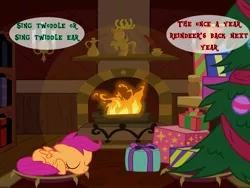 Size: 1440x1080 | Tagged: safe, artist:bronybyexception, derpibooru import, scootaloo, pegasus, advent calendar, christmas, christmas tree, cozy, cute, cutealoo, fireplace, holiday, image, png, present, sleeping, solo, tree