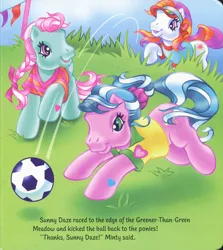 Size: 1280x1436 | Tagged: safe, artist:heckyeahponyscans, artist:lyn fletcher, derpibooru import, minty, sunny daze (g3), sweet breeze, pony, braid, clothes, decoration, determined, g3, greener than green meadow, image, jpeg, kick, leaping, mini flags, overgrown, pole, polo shirt, pony field day, ponytail, ribbon, running, scrunchie, soccer ball (object), soccer field, super soccer, t-shirts, visor