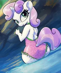 Size: 600x725 | Tagged: safe, alternate version, artist:raikoh, derpibooru import, sweetie belle, anthro, unicorn, adorasexy, clothes, cute, diasweetes, image, jpeg, one-piece swimsuit, open mouth, open-back swimsuit, sexy, solo, swimsuit