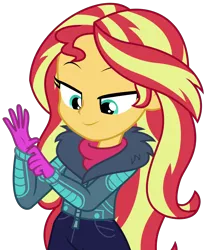 Size: 2556x3094 | Tagged: safe, artist:sketchmcreations, derpibooru import, sunset shimmer, equestria girls, equestria girls series, holidays unwrapped, spoiler:eqg series (season 2), clothes, coat, dressing, female, getting dressed, gloves, image, png, saving pinkie's pie, simple background, smiling, transparent background, vector, winter outfit