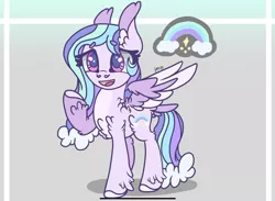 Size: 2281x1668 | Tagged: safe, artist:caramelbolt24, derpibooru import, oc, unofficial characters only, pegasus, pony, abstract background, chest fluff, colored hooves, ear fluff, eyelashes, female, hoof fluff, image, jpeg, mare, open mouth, pegasus oc, raised hoof, reference sheet, signature, smiling, solo, story included, two toned wings, wings