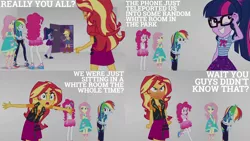 Size: 1986x1117 | Tagged: safe, derpibooru import, edit, edited screencap, editor:quoterific, screencap, applejack, fluttershy, pinkie pie, rainbow dash, sci-twi, sunset shimmer, twilight sparkle, equestria girls, equestria girls series, rollercoaster of friendship, angry, applejack's hat, clothes, cowboy hat, female, geode of empathy, geode of fauna, geode of sugar bombs, geode of super speed, geode of super strength, geode of telekinesis, glasses, hat, image, magical geodes, meme, open mouth, png, rage face, rageset shimmer