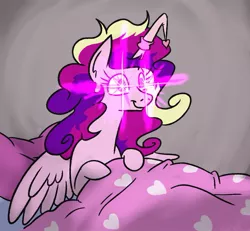 Size: 945x875 | Tagged: safe, artist:jargon scott, derpibooru import, part of a set, princess cadance, alicorn, pony, bed, bed mane, february, female, glowing eyes, hat, heart, horn, horn cap, image, jpeg, mare, nightcap, princess of love, run, smiling, solo, spread wings, this will end in love, uh oh, wings