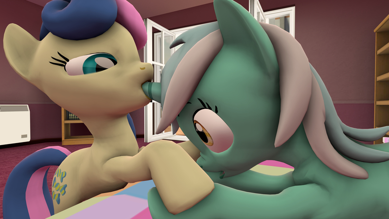 Size: 3840x2160 | Tagged: questionable, artist:wissle, derpibooru import, bon bon, lyra heartstrings, sweetie drops, earth pony, pony, unicorn, 3d, bed, female, females only, good clean married sex, horn, hornjob, image, jpeg, lesbian, lidded eyes, lyrabon, mare, mlp fim's tenth anniversary, open mouth, sex, shipping, source filmmaker, surprised, wide eyes