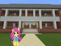 Size: 2048x1536 | Tagged: safe, artist:topsangtheman, derpibooru import, pursey pink, earth pony, pony, house, image, jpeg, looking at you, minecraft, solo