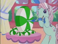 Size: 497x372 | Tagged: safe, derpibooru import, screencap, minty, earth pony, pony, a charming birthday, bipedal, corkscrew, female, g3, image, jpeg, mint, open mouth, solo