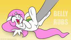 Size: 1200x674 | Tagged: safe, artist:banebuster, derpibooru import, princess celestia, oc, oc:anon, alicorn, human, pony, series:tiny tia, animated, bellyrubs, cute, cutelestia, daaaaaaaaaaaw, female, filly, gif, giggling, hand, happy, image, laughing, lying down, on back, petting, pink-mane celestia, simple background, tickling, weapons-grade cute, younger