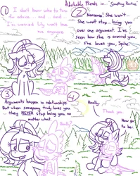 Size: 4779x6013 | Tagged: safe, artist:adorkabletwilightandfriends, derpibooru import, spike, starlight glimmer, dragon, pony, unicorn, comic:adorkable twilight and friends, adorkable, adorkable friends, advice, butt, character development, comic, crying, cute, dimples, dimples of venus, dork, female, forest, friendship, helpful, hug, image, lake, love, male, mare, nature, outdoors, plot, png, reassurance, relationship, relationships, sitting, slice of life, support, tree, wingding eyes