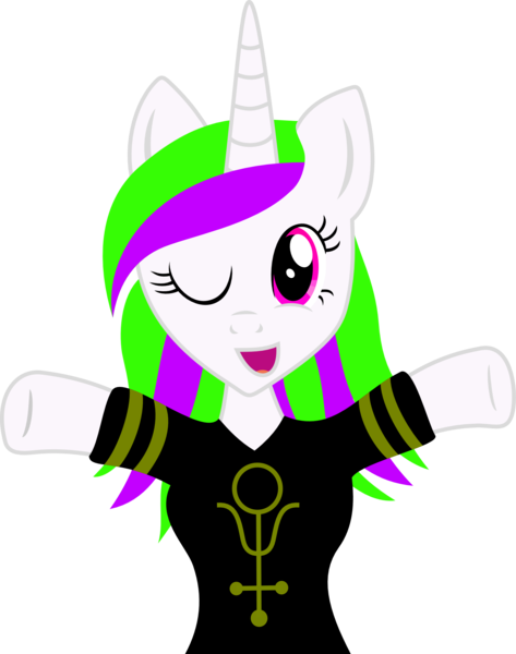 Size: 1553x1969 | Tagged: safe, artist:dash-o-salt, derpibooru import, oc, oc:antimony, unofficial characters only, pony, unicorn, alchemy, antimony, clothes, female, happy, image, looking at you, mare, one eye closed, png, raised hoof, shirt, simple background, solo, transparent background, wink, winking at you