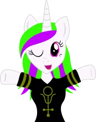 Size: 1553x1969 | Tagged: safe, artist:dash-o-salt, derpibooru import, oc, oc:antimony, unofficial characters only, pony, unicorn, alchemy, antimony, clothes, female, happy, image, looking at you, mare, one eye closed, png, raised hoof, shirt, simple background, solo, transparent background, wink, winking at you