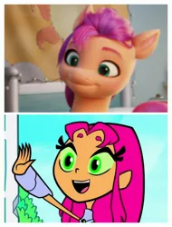 Size: 3106x4096 | Tagged: safe, derpibooru import, sunny starscout, earth pony, pony, my little pony: a new generation, spoiler:my little pony: a new adventure, comparison, g5, image, jpeg, starfire, teen titans go