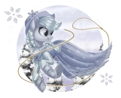 Size: 1480x1200 | Tagged: safe, artist:evedizzy26, derpibooru import, applejack, spirit of hearth's warming past, earth pony, ghost, ghost pony, pony, undead, a hearth's warming tail, clothes, cowboy hat, dress, female, hat, image, lasso, mare, png, rope, simple background, smiling, snow, snowflake, solo, transparent background, winter