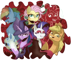 Size: 2426x2057 | Tagged: safe, artist:saturdaymorningproj, derpibooru import, applejack, fluttershy, pinkie pie, rainbow dash, rarity, twilight sparkle, earth pony, ghost, ghost pony, gorgon, medusa, pegasus, pony, undead, unicorn, vampire, vampony, werewolf, clothes, costume, halloween, halloween costume, hat, holiday, image, mane six, png, simple background, transparent background, witch, witch hat