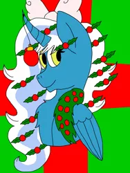 Size: 900x1200 | Tagged: safe, artist:springeta, derpibooru import, oc, oc:fleurbelle, alicorn, pony, alicorn oc, baubles, bow, christmas, female, hair bow, holiday, holly, horn, image, mare, png, wings, yellow eyes