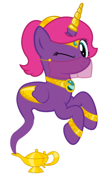 Size: 1816x3072 | Tagged: safe, artist:andrevus, derpibooru import, oc, oc:pinkmane, unofficial characters only, alicorn, genie, genie pony, alicorn oc, bracelet, circlet, floating, geniefied, gold, hairband, horn, horn sleeve, image, jewelry, looking at you, magic lamp, necklace, one eye closed, png, simple background, solo, transparent background, veil, wing jewelry, wings, wink, winking at you