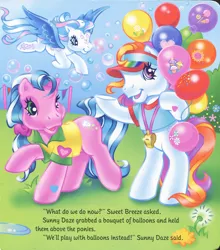 Size: 1280x1453 | Tagged: safe, artist:heckyeahponyscans, artist:lyn fletcher, derpibooru import, official, star catcher, sunny daze (g3), sweet breeze, earth pony, pegasus, pony, balloon, bipedal, bubble, clothes, dandelion, decoration, flower, flying, g3, holding balloons, image, jpeg, liquid soap, looking at you, mini flags, official book, open mouth, pole, polo shirt, pony field day, ponytail, scrunchie, shirt, soap, t-shirt, unsure, visor, whistle