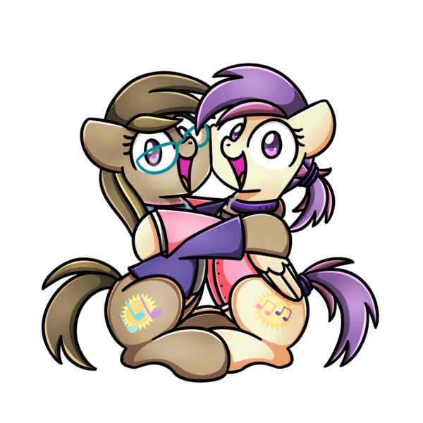 Size: 1240x1240 | Tagged: safe, artist:sugar morning, derpibooru import, oc, oc:dawnsong, oc:evensong, unofficial characters only, earth pony, pegasus, pony, cheek squish, clothes, coat, collar, female, glasses, happy, hug, image, mare, png, ponytail, simple background, smiling, squishy cheeks, tail wrap, transparent background