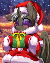 Size: 2550x3209 | Tagged: safe, artist:pridark, derpibooru import, part of a set, oc, unofficial characters only, bat pony, changeling, hybrid, :p, adorable face, bat pony oc, bat wings, blushing, changeling oc, christmas, christmas changeling, commission, cute, glasses, hat, high res, holding, holiday, image, older, png, present, santa hat, solo, teenager, tongue out, wings, ych result
