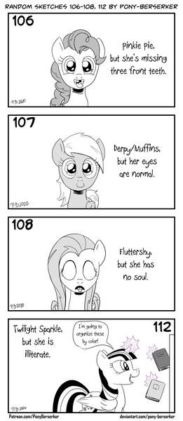 Size: 1320x3035 | Tagged: safe, artist:pony-berserker, derpibooru import, derpy hooves, fluttershy, pinkie pie, twilight sparkle, twilight sparkle (alicorn), alicorn, pegasus, pony, 2020, alternate universe, black and white, blank expression, blank eyes, book, bookshelf, caption, cursed image, drool, english, evil twin, female, grayscale, heresy, i never learned to read, illiteracy, illiterate, image, impossible, levitation, looking at you, magic, mare, monochrome, moral event horizon, neo noir, open mouth, partial color, png, pony-berserker's twitter sketches, pure unfiltered evil, simple background, smiling, something is not right, soulless, speech bubble, stippling, teeth, telekinesis, text, underp, white background, wide eyes