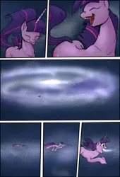 Size: 1920x2816 | Tagged: safe, artist:shieltar, derpibooru import, part of a set, twilight sparkle, pony, unicorn, comic:giant twilight, :p, comic, cute, dialogue, eyes closed, female, galaxy, giant pony, giant twilight sparkle, giantess, growth, image, jewelry, jpeg, macro, magic, mare, necklace, open mouth, part of a series, pony bigger than a planet, pony bigger than a solar system, pony bigger than a star, pony heavier than a black hole, signature, silly, silly pony, size difference, solo, space, stars, tongue out, twiabetes, unicorn twilight