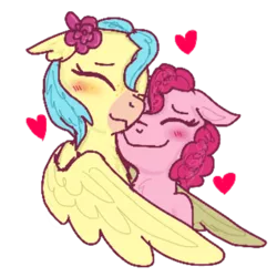 Size: 400x400 | Tagged: safe, artist:princessmuffinart, derpibooru import, pinkie pie, princess skystar, classical hippogriff, earth pony, hippogriff, pony, my little pony: the movie, blushing, female, heart, image, lesbian, png, shipping, simple background, skypie, snuggling, transparent background