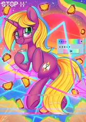 Size: 2480x3508 | Tagged: safe, artist:musicfirewind, derpibooru import, oc, oc:bright star, unofficial characters only, pony, unicorn, baja blast, error message, female, food, image, jpeg, mare, solo, synthwave, taco, vaporwave