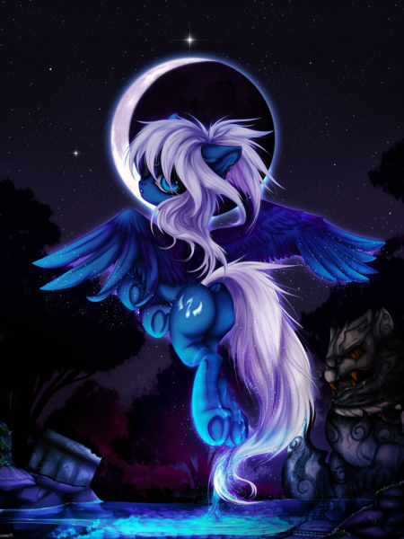 Size: 3000x4000 | Tagged: safe, artist:sinigam41, derpibooru import, oc, oc:blazing harmony, unofficial characters only, pegasus, pony, butt, commission, crescent moon, eyepatch, female, flying, forest, frog (hoof), high res, image, long tail, looking at you, looking back, mare, moon, night, not night glider, plot, png, pond, solo, stars, tail, torn ear, tree, underhoof, water, white hair, wings