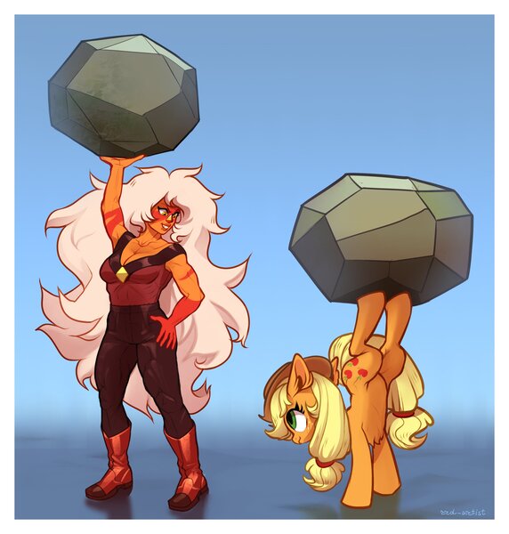 Size: 3507x3680 | Tagged: safe, artist:rrd-artist, derpibooru import, applejack, earth pony, pony, boulder, chest fluff, cowboy hat, duo, female, hat, image, jasper (steven universe), jpeg, lifting, mare, rock, smiling, steven universe